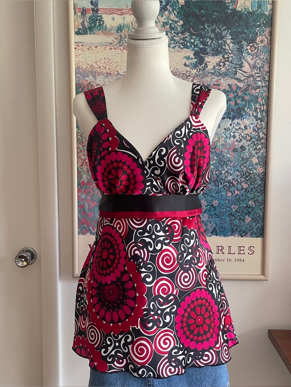 Babydoll Tank Top Womens Large Red Swirl Print Empire Waist Boho Euro Whimsy Y2K